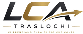 LCA Traslochi logo in black and gold with a moving arrow and the tagline “Ci prendiamo cura di ciò che conta”