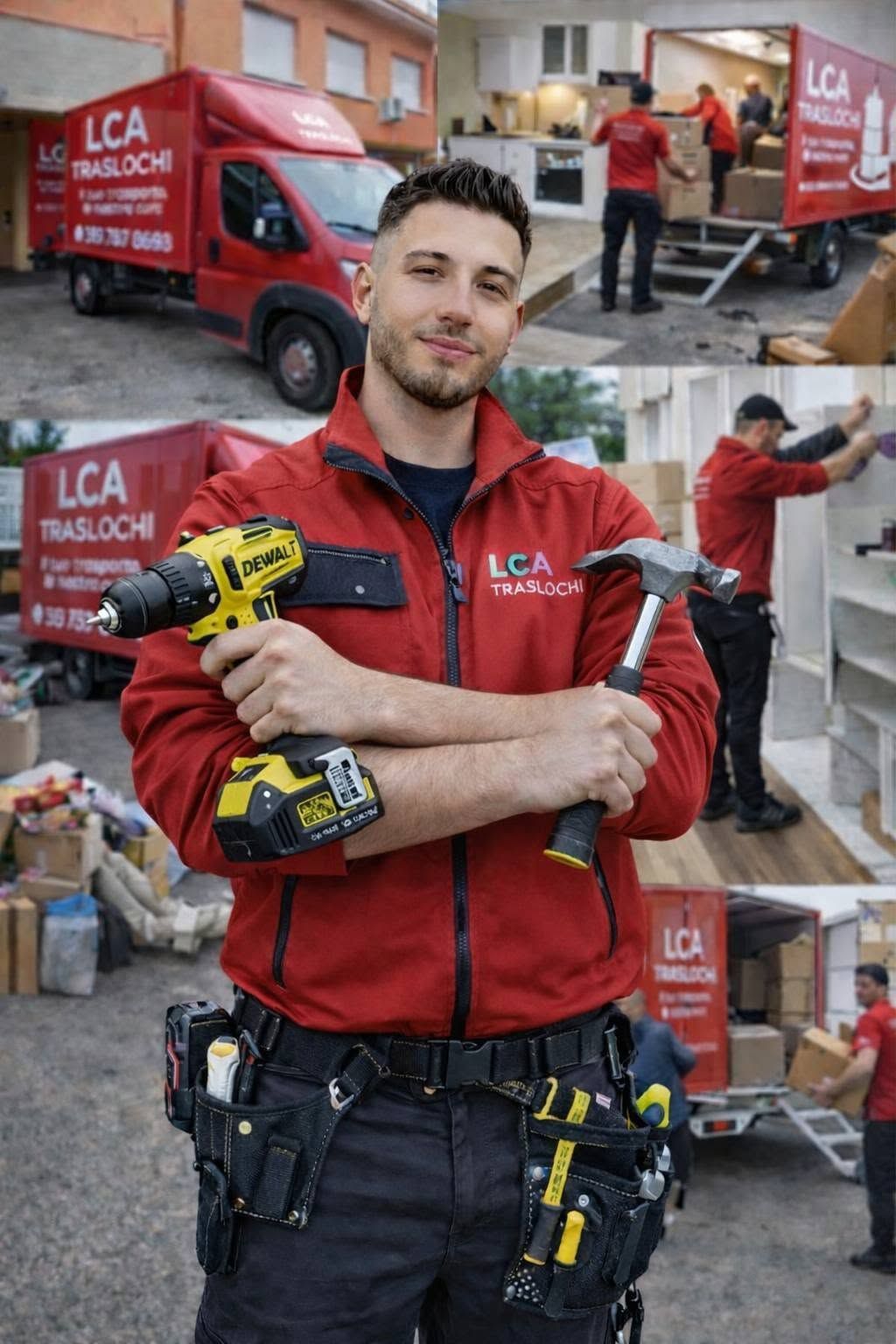 Un artigiano con indosso una tuta da lavoro rossa tiene in mano un trapano giallo in un'officina, con furgoni di servizio rossi sullo sfondo.