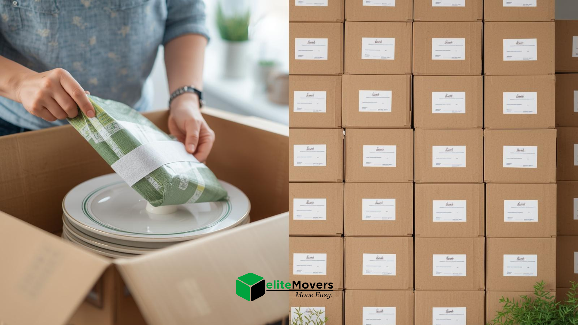 Person packing a green-labeled item into a box beside stacked shipping boxes and dishes.