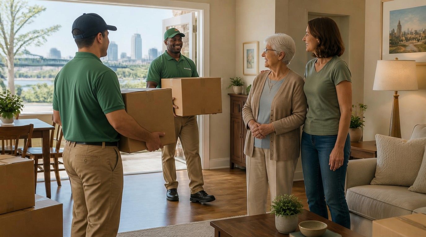 Movers carrying boxes into a bright living room while two people stand nearby and talk
