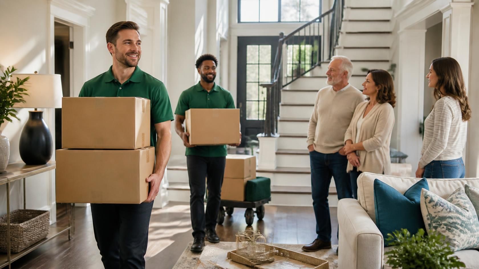 Movers carrying boxes into a bright living room with residents standing nearby