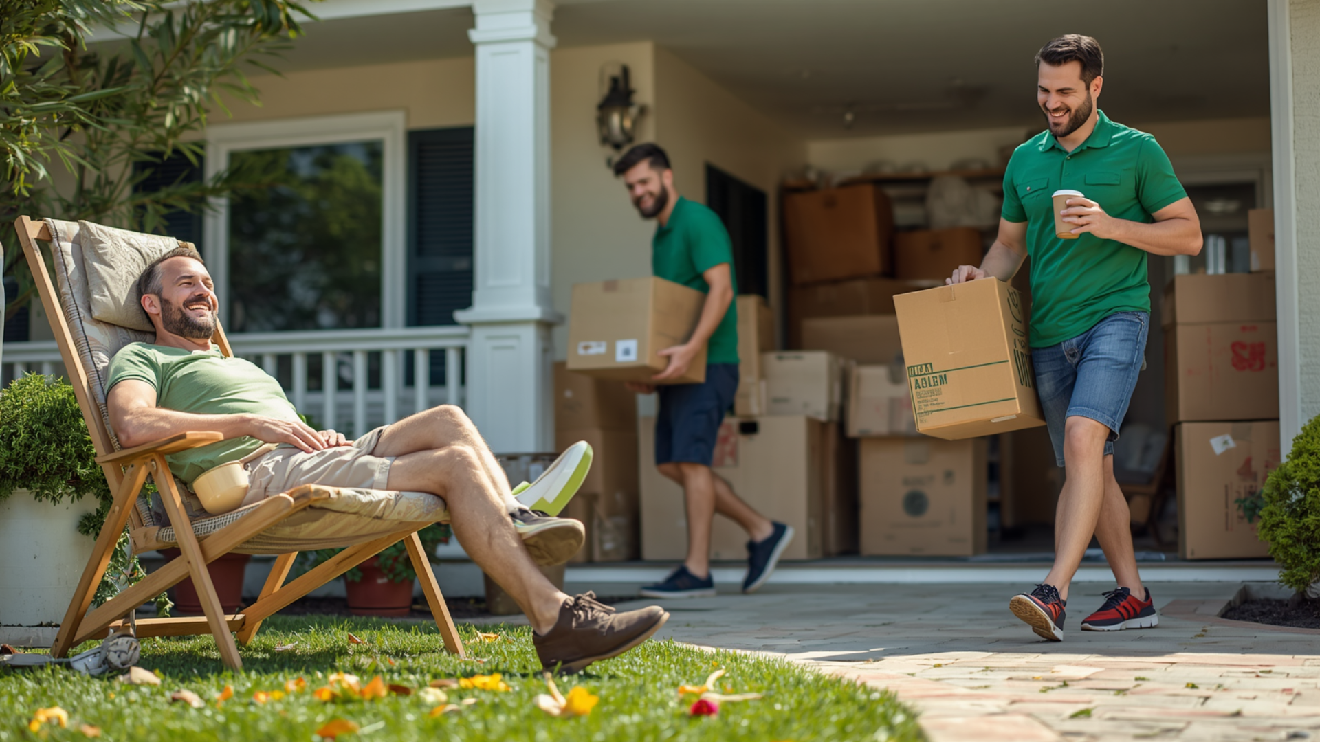 Two movers carrying boxes past a man relaxing on a porch by a house with open moving truck nearby