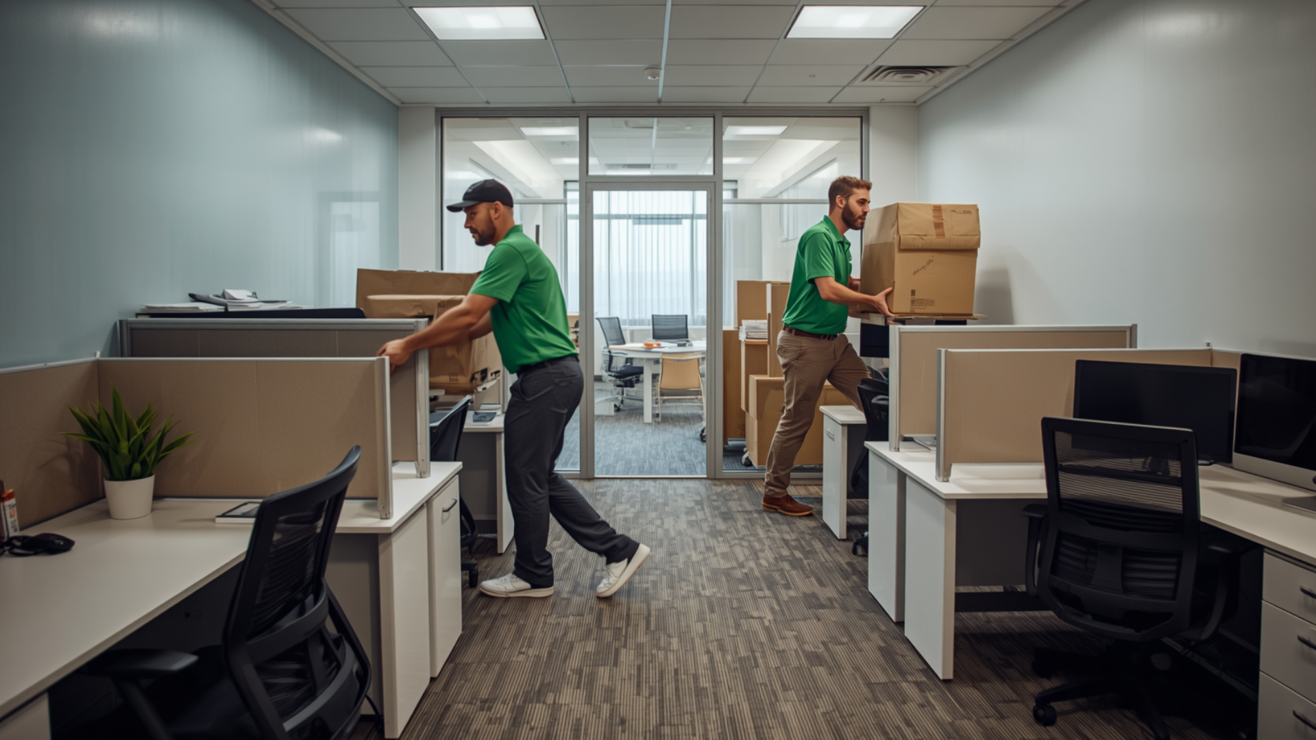 Two movers carrying office boxes through a modern office hallway with desks and computer monitors