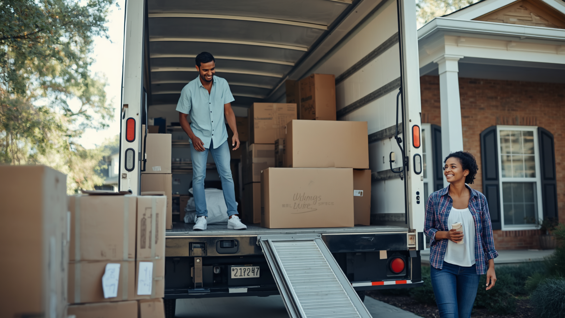 Moving boxes at a truck ramp as two people unload a moving truck at a house