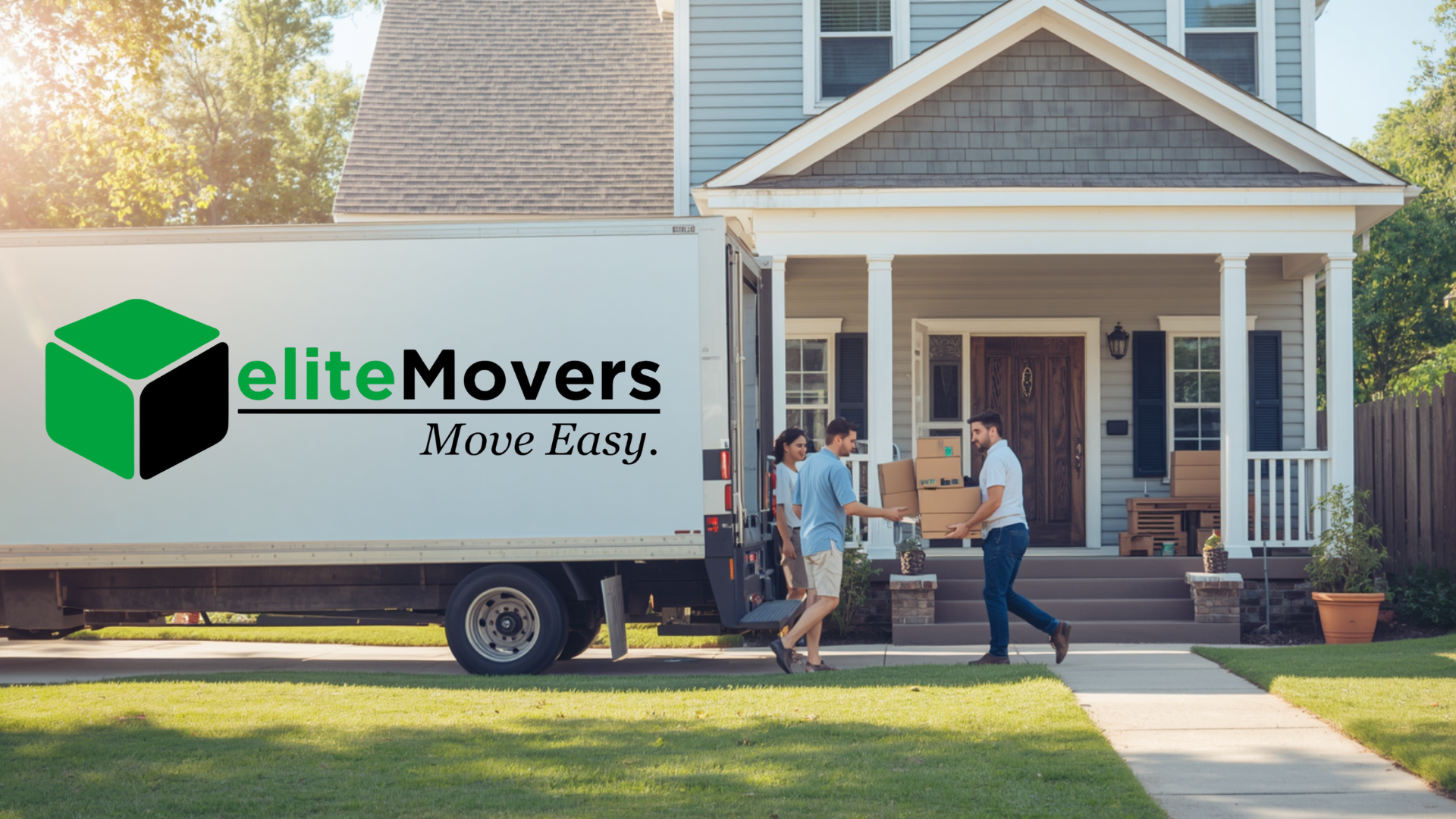 Elite Movers truck parked outside a house as movers carry boxes to the front door