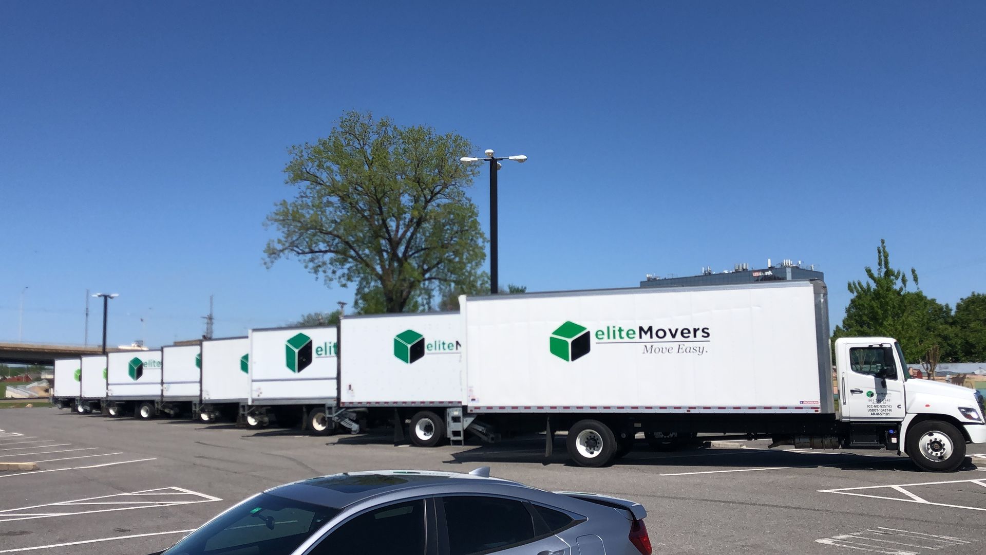 Line of elite white moving trucks with green logos parked in a lot under a clear blue sky.