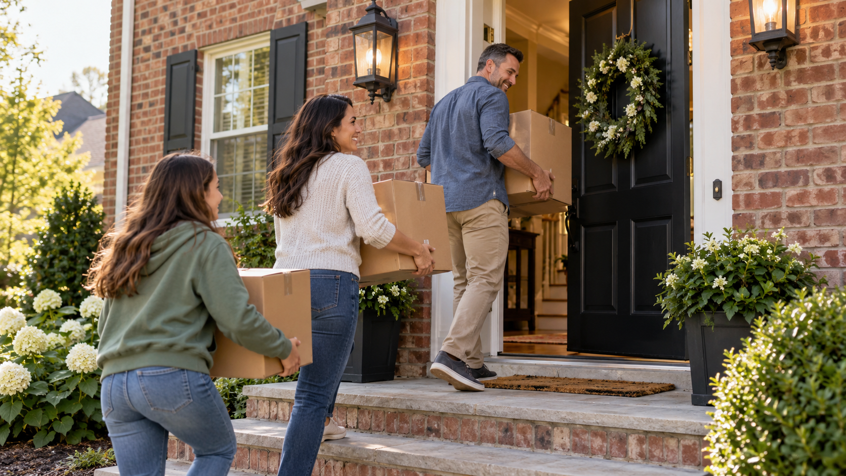 Three people walking up front steps to a brick house with a black door and wreath