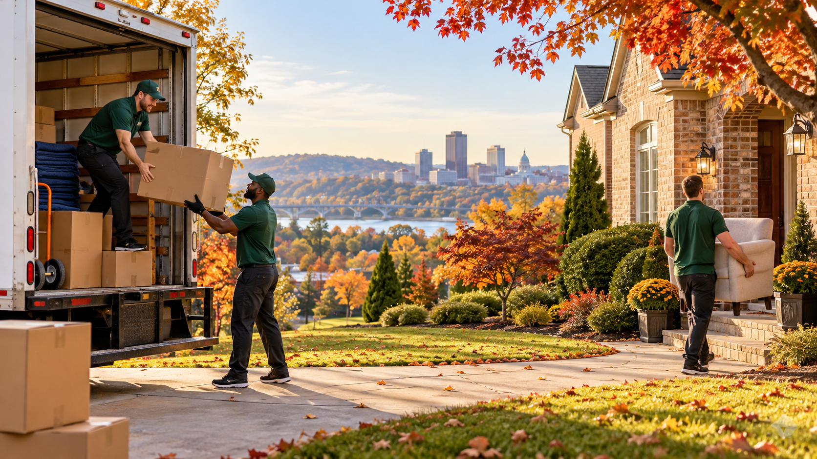 Two movers unloading boxes from a truck on a leafy suburban street with autumn trees and a city skyline beyond.