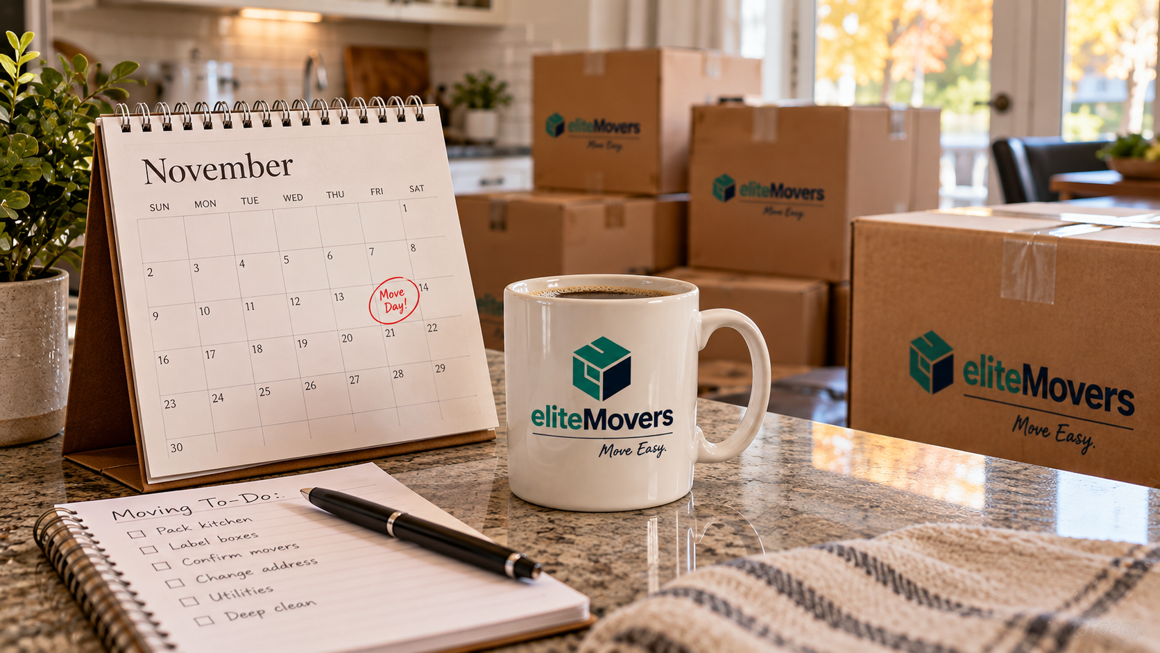 Calendar, mug, and notebook on a desk beside EliteMovers boxes in a bright room.