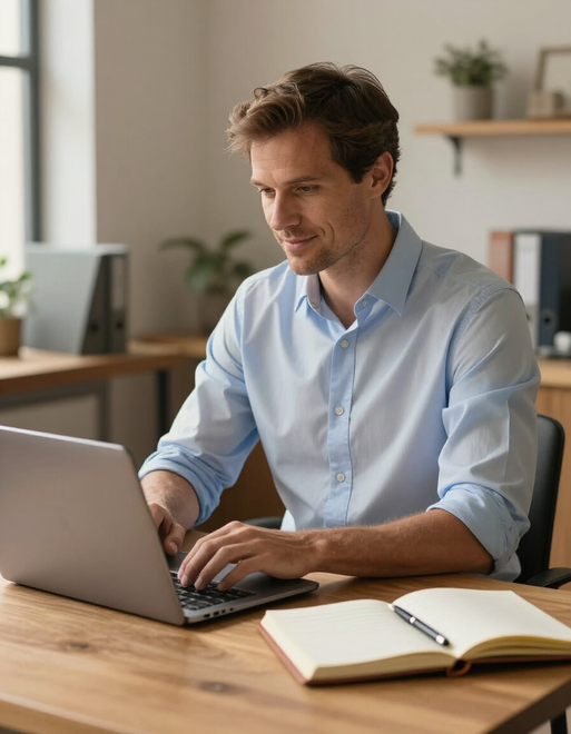 Eine Person arbeitet in einem hellen Büro an einem Holzschreibtisch mit einem Laptop und einem offenen Notizbuch.