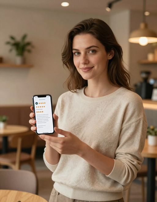 Eine Frau in einem gemütlichen Café hält ein Smartphone mit einem Bewertungsbildschirm in der Hand und zeigt darauf.