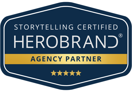 Blau-goldenes Abzeichen „Herobbrand Agency Partner für Storytelling-Zertifizierung“ mit fünf Sternen
