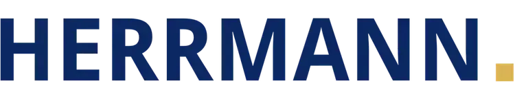 HERRMANN-Logo in Dunkelblau mit kleinem gelbem Quadrat als Akzent