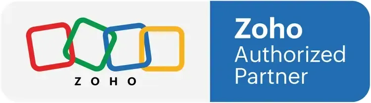 Zoho-Logo und „Zoho Authorized Partner“-Abzeichen in Blau und Weiß