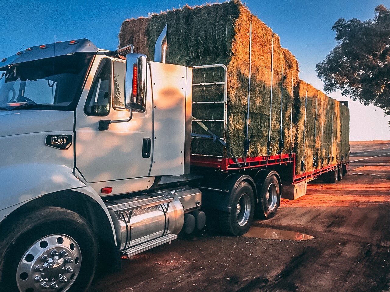 White truck hauling hay bales on a flatbed trailer, outdoor setting — Highlands Water Cartage in Glenquarry, NSW
