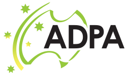 ADPA logo: Australia outline in green with gold stars, ADPA text in black.