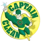 Captain Clean superhero in green and yellow, pointing with a sparkling hand.