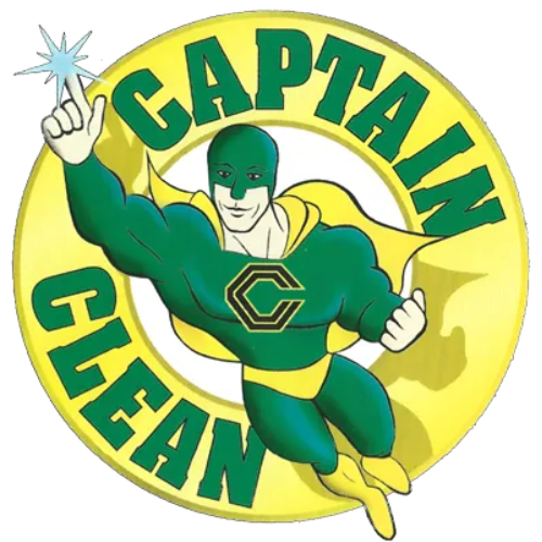 Captain Clean superhero in green costume, pointing with a bright blue star, in a yellow circle.