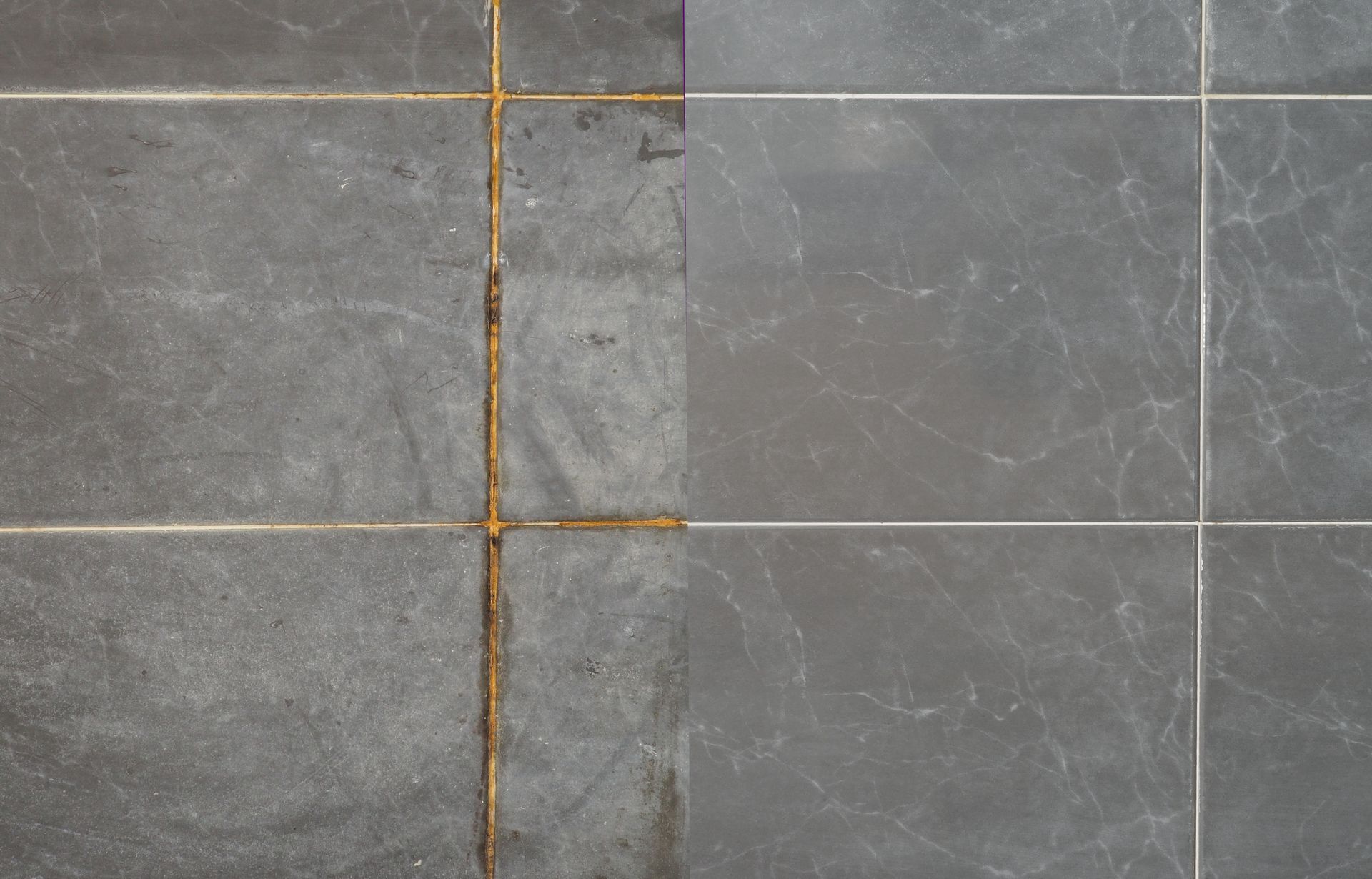 Tile floor with a before and after cleaning comparison; left side is dirty, right side is clean.