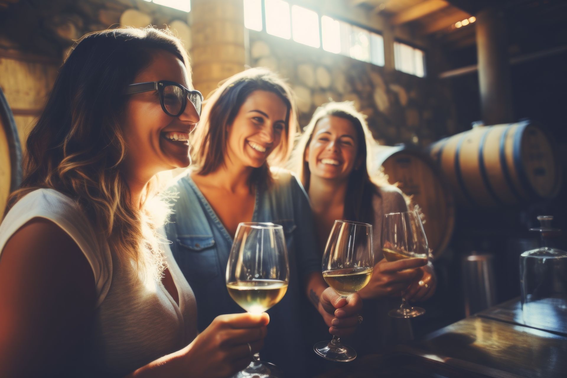 Group of friends wine tasting at a distillery or cellar drinking glasses.