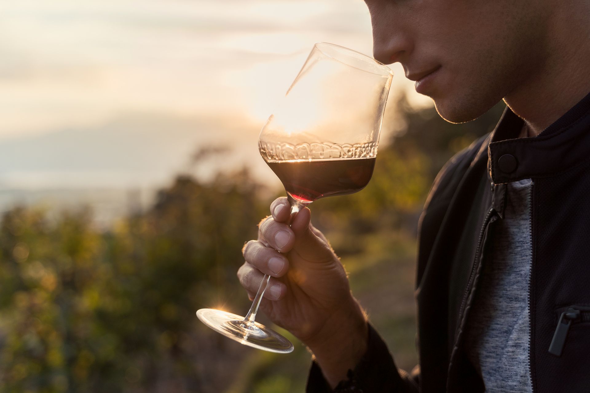 Close-up of a young man as he tastes red wine from a cup, with the sunset in the background. Close-up of a young man as he tastes red wine from a cup, with the sunset in the background.