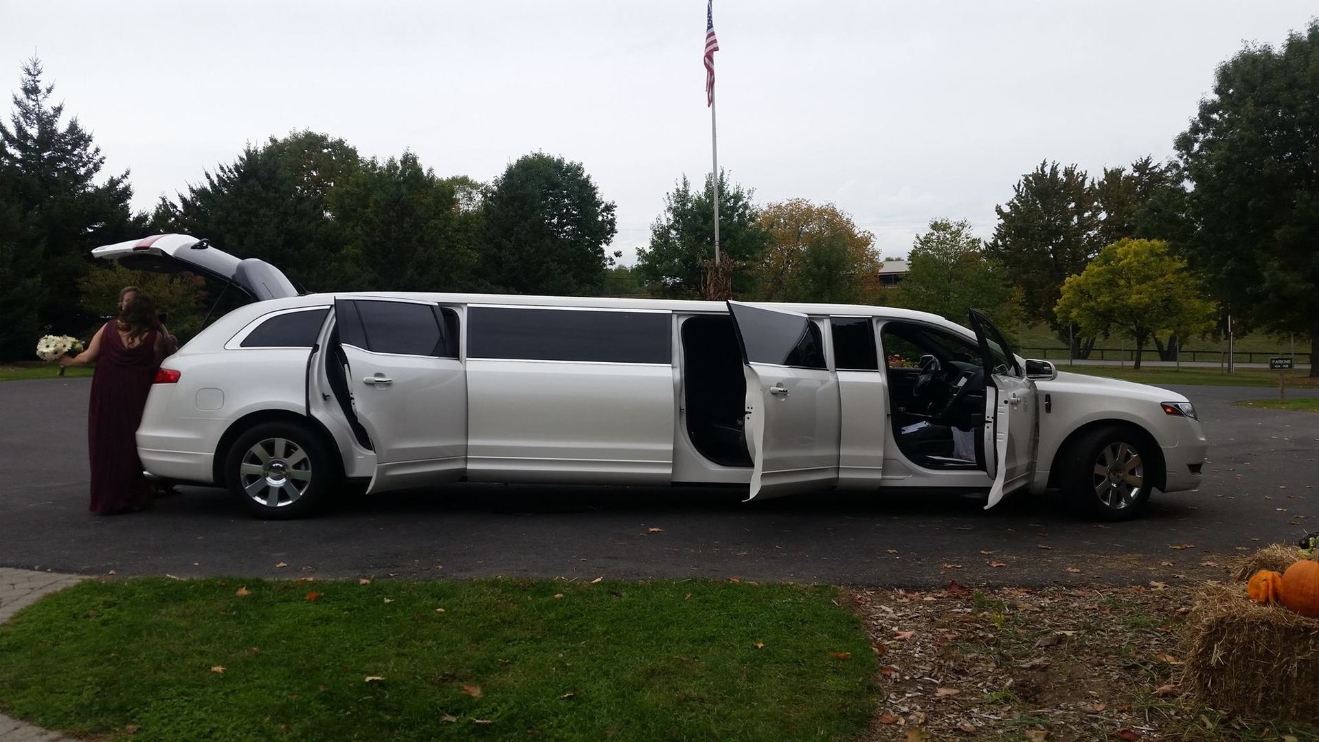 Damaged white stretch limousine with its doors open, parked on a roadside under overcast skies.