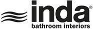 Logo per gli interni dei bagni Inda. Testo nero e linee ondulate su sfondo bianco.