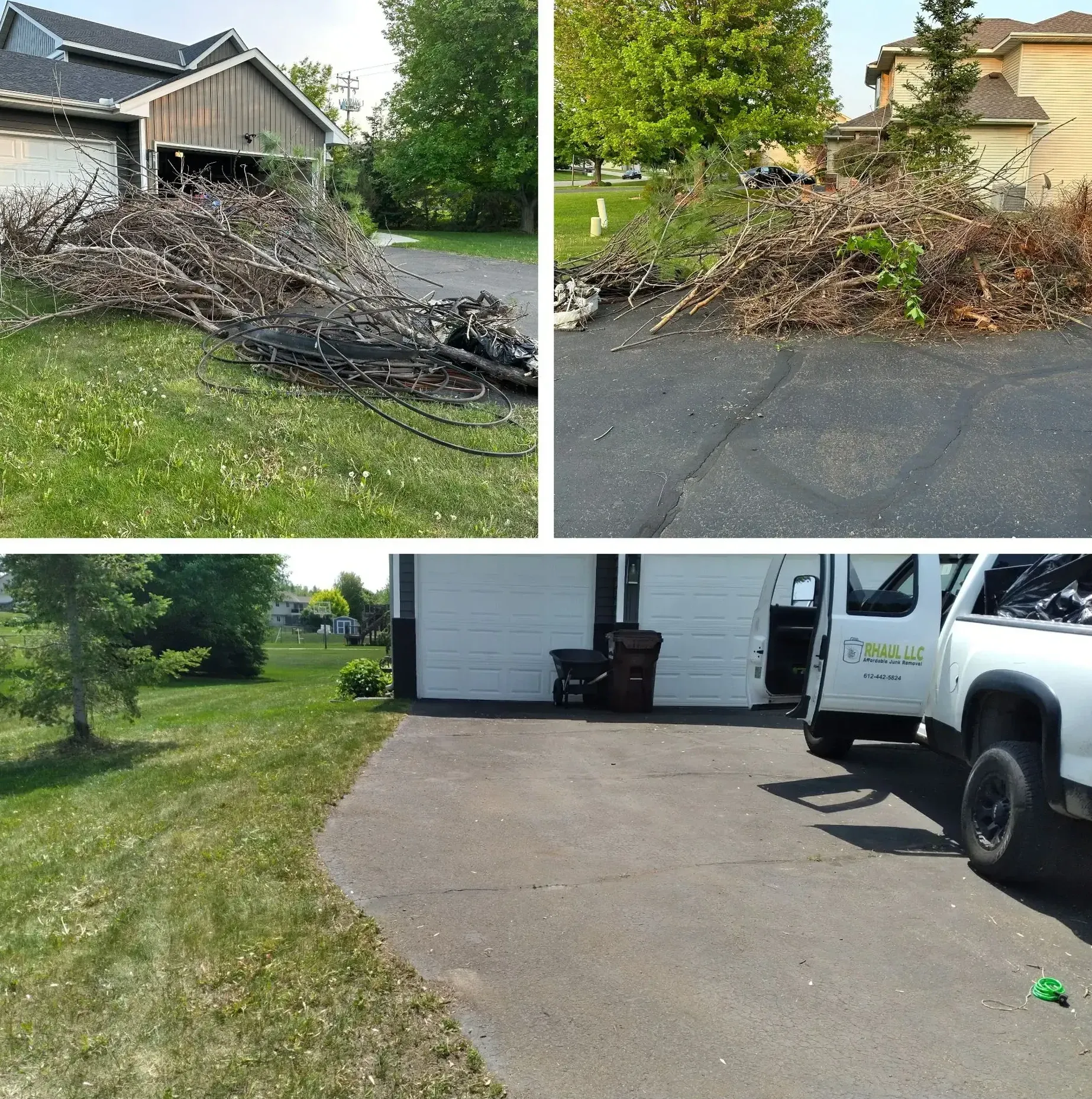 A collage of four pictures shows a truck parked in front of a house