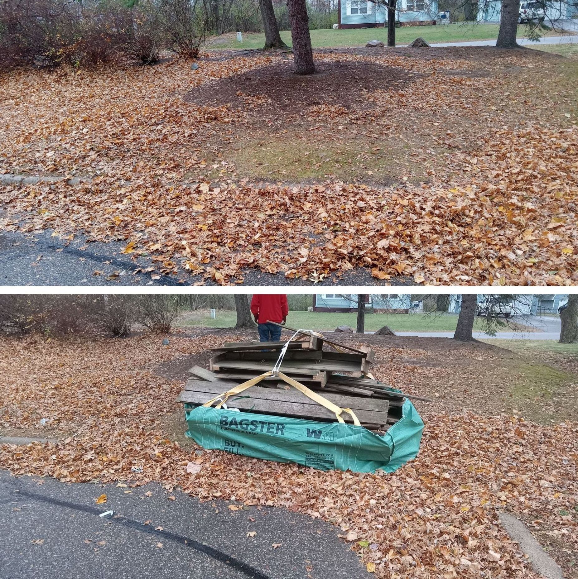 A before and after picture of a pile of leaves on the ground.