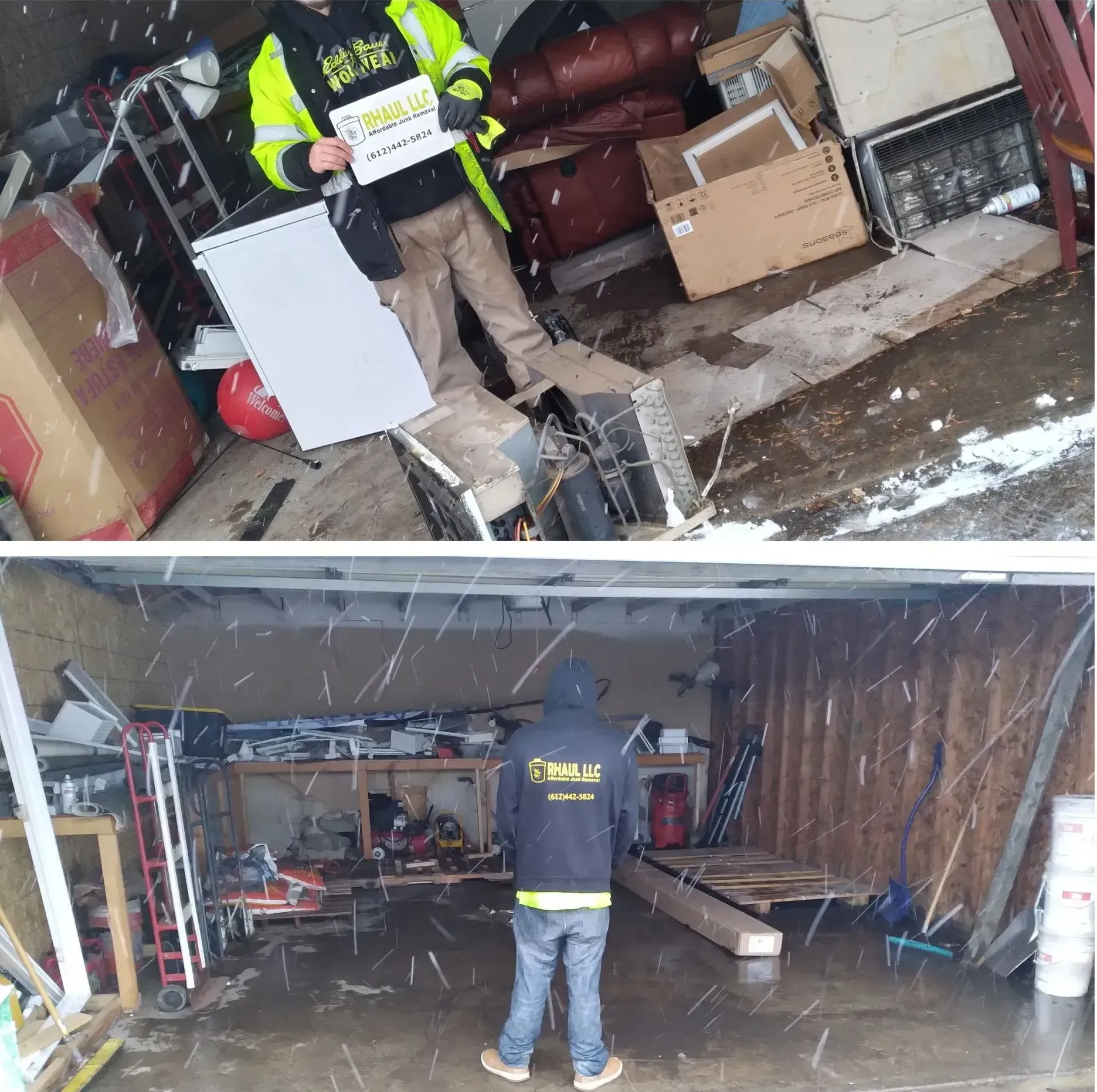 A man in a yellow jacket is standing in a garage