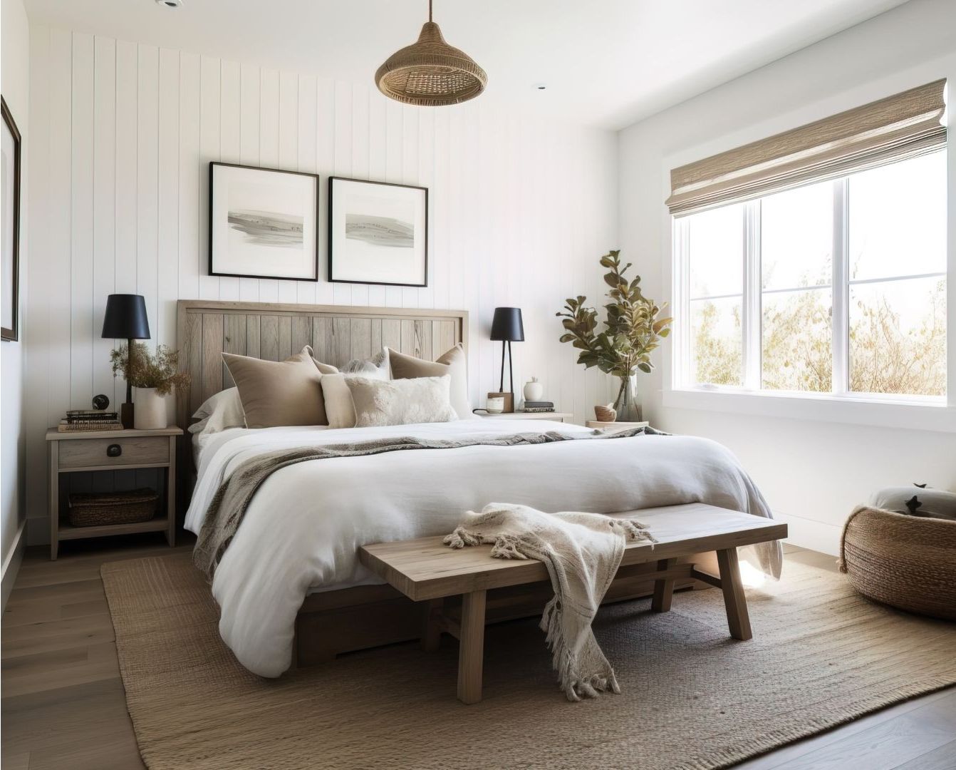 A bedroom with a bed , nightstands , lamps and a bench.