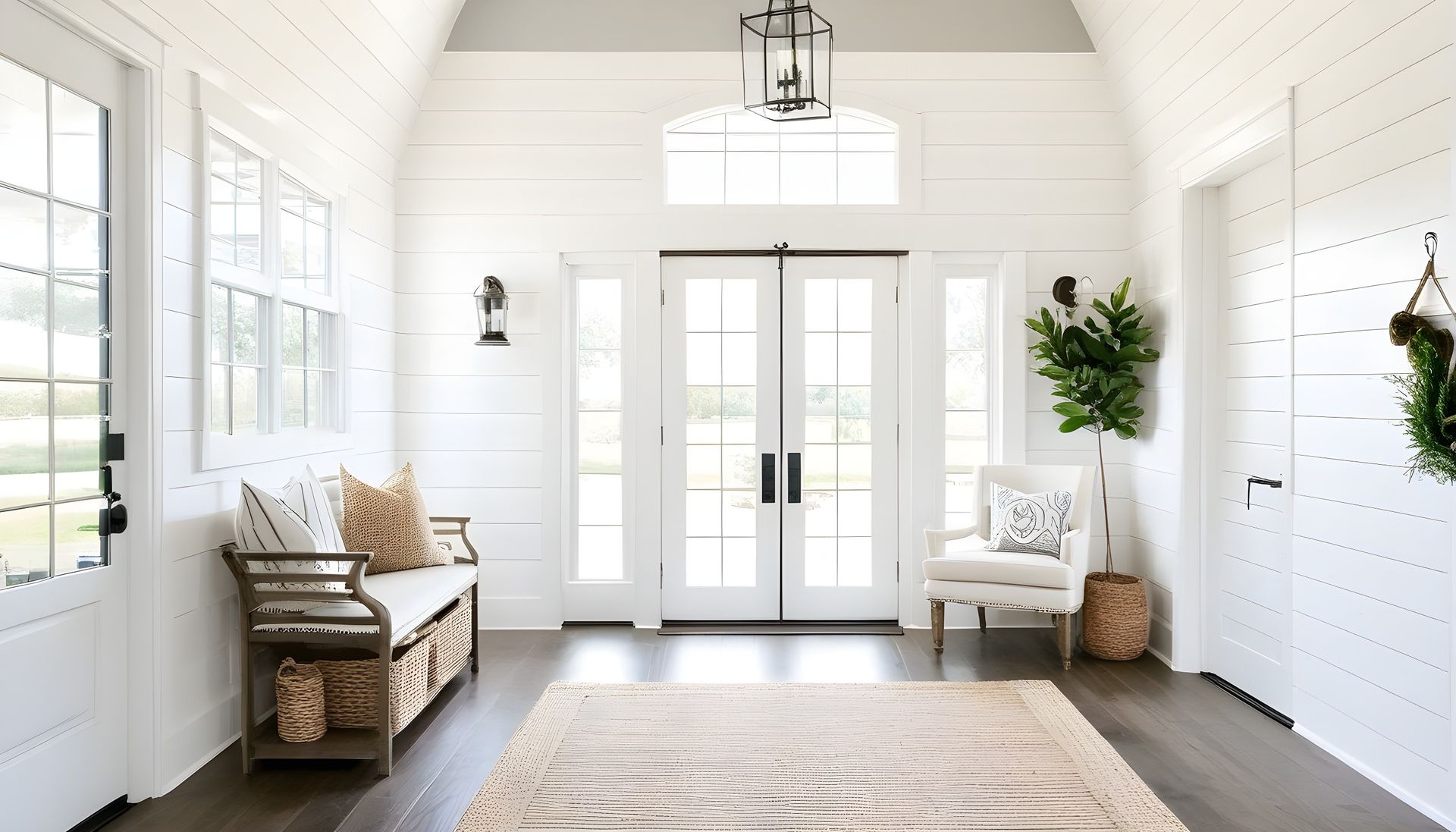 A hallway with white walls , a bench , a chair and a rug.