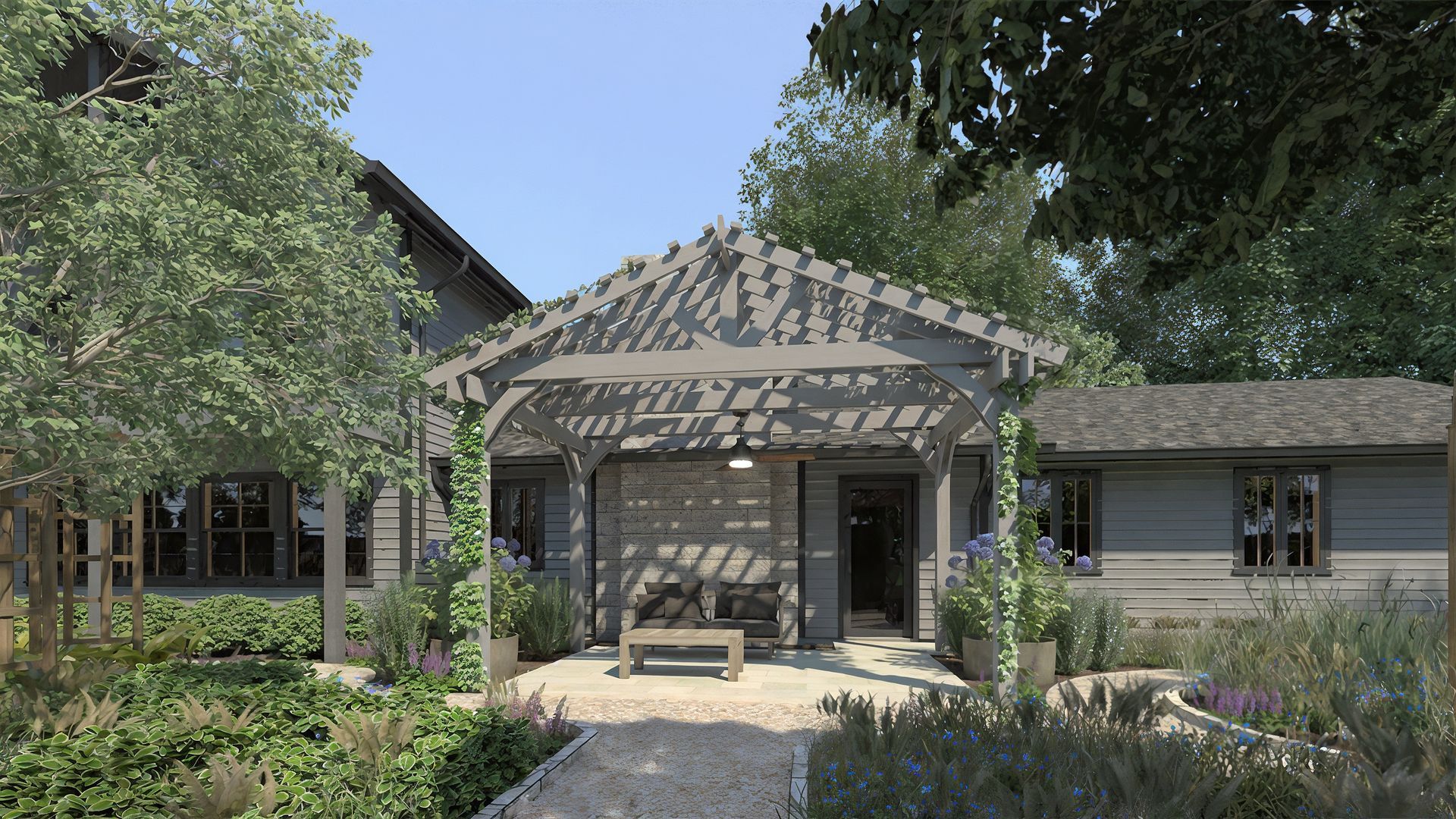 A house with a pergola on the front of it