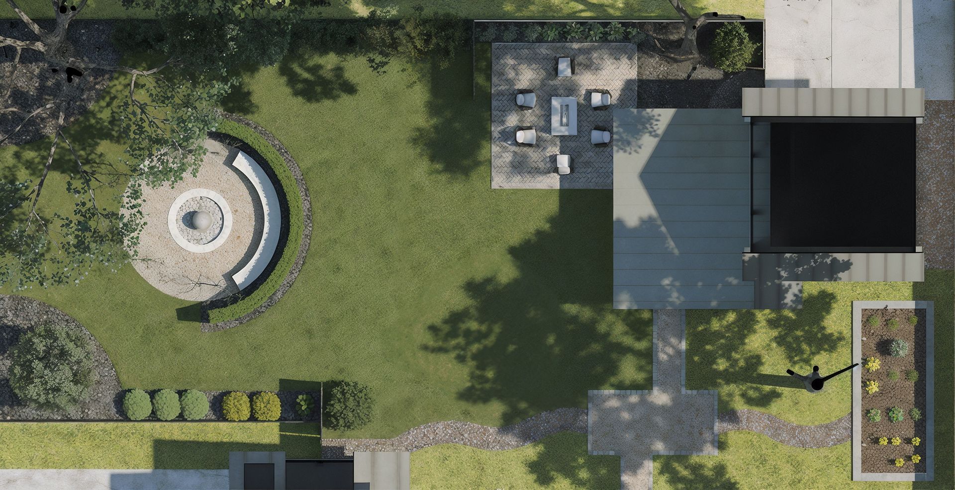 An aerial view of a park with a fire pit in the middle of it.