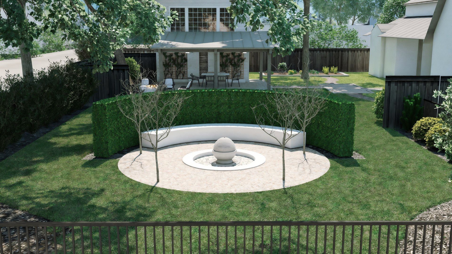 An artist 's impression of a backyard with a fountain in the middle