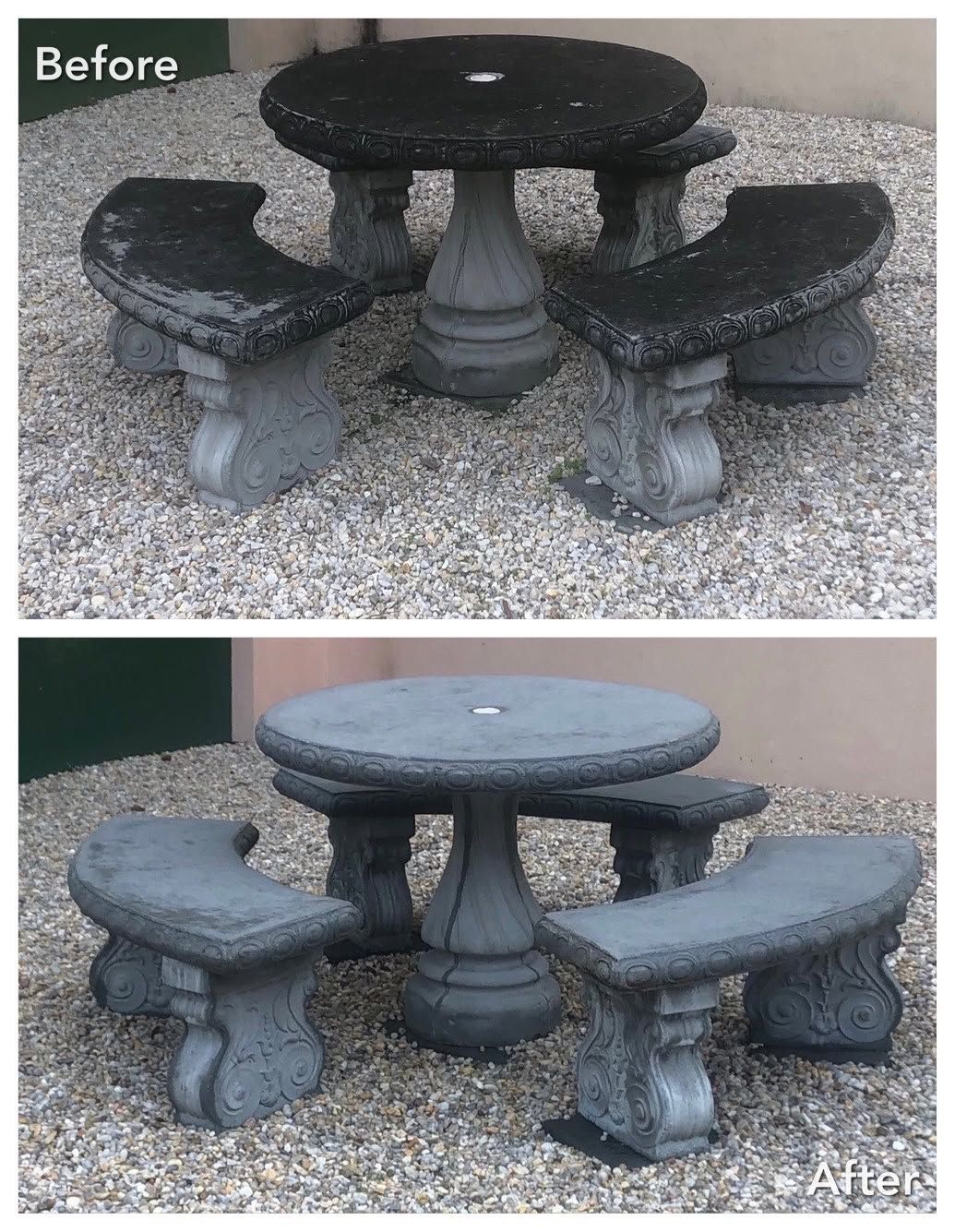 Before-and-after of a stone picnic table and benches, showing dark cleaned seats above and lighter cleaned seats below.
