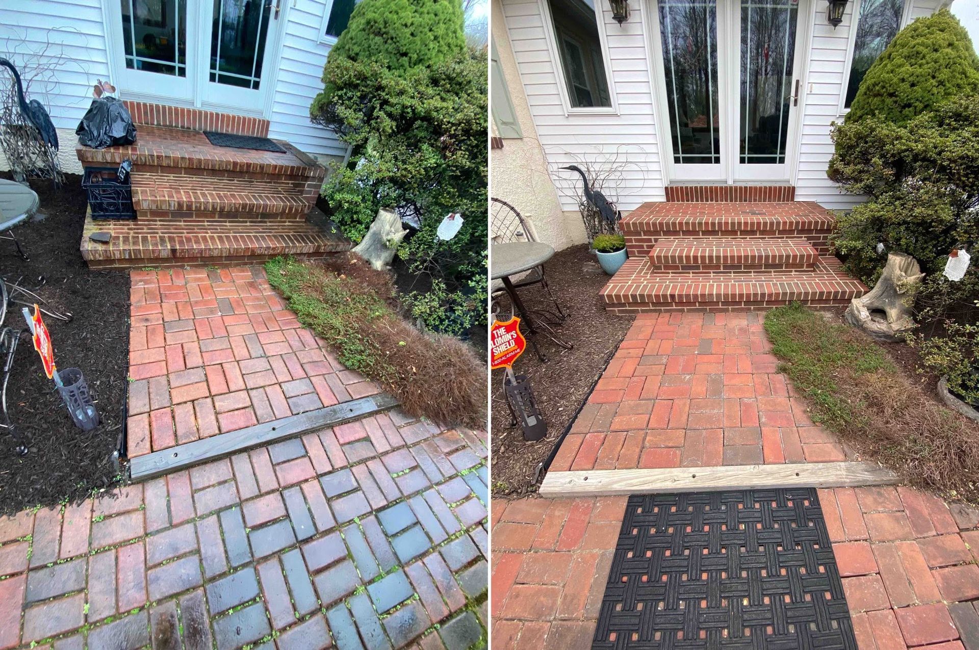 Brick walkway and front steps to a house, shown before and after cleanup, with a mat at the entrance