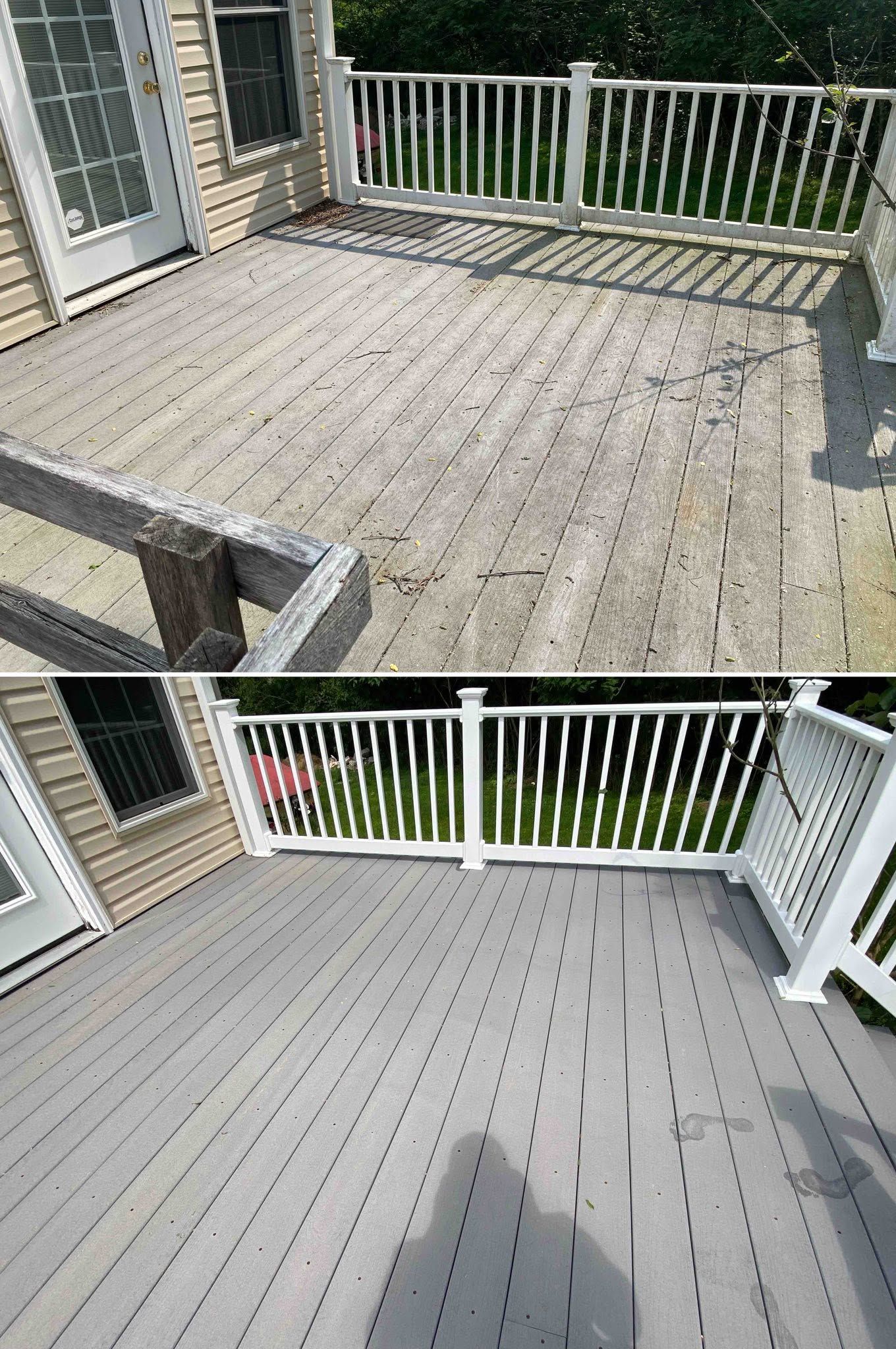 Two views of a gray deck with white railings and a built-in bench by a house.