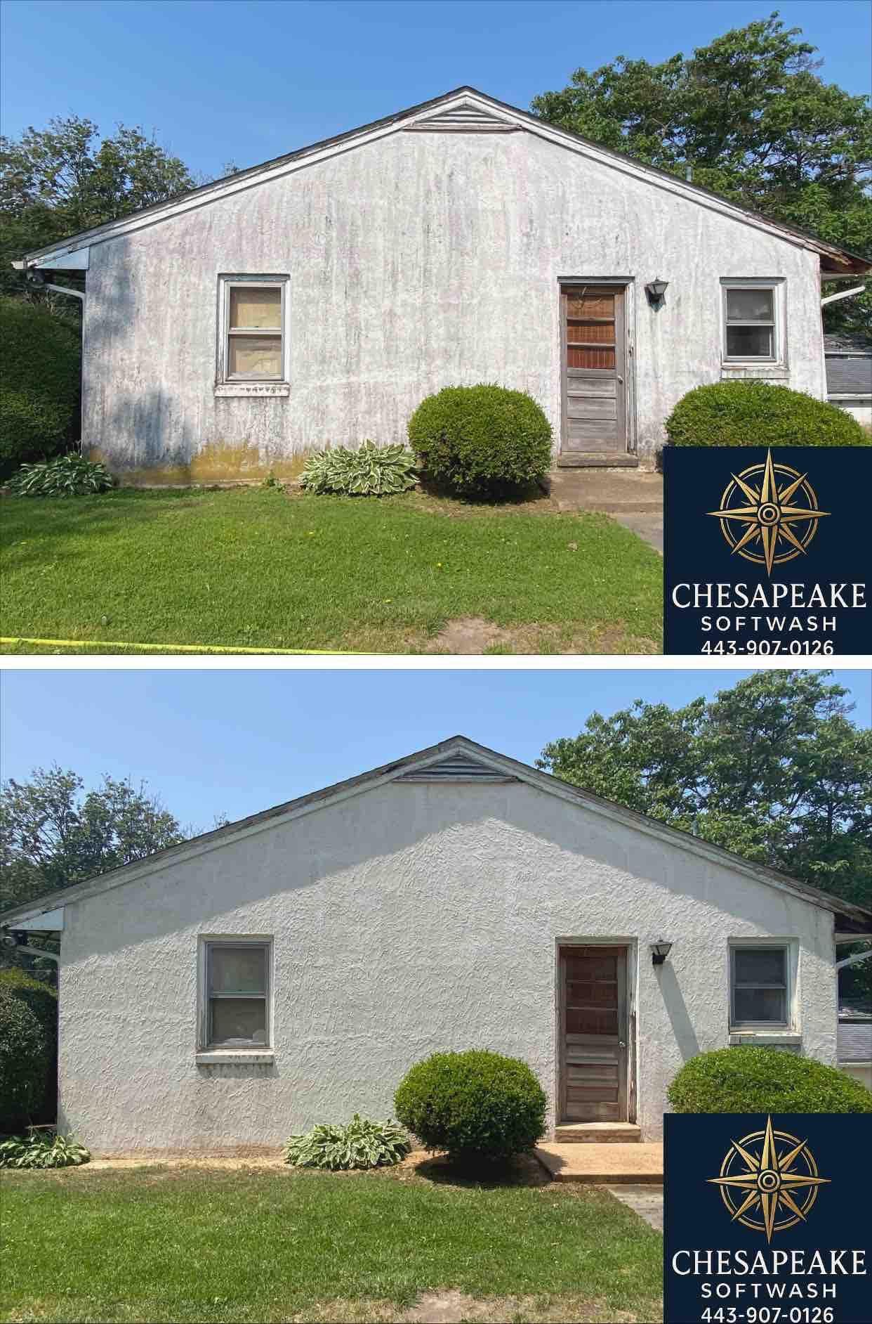Before-and-after exterior of a house: faded white siding restored to a clean gray finish.