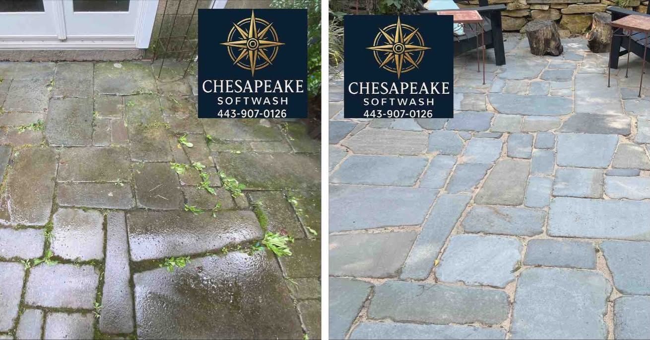Side-by-side stone patio comparison: mossy, uneven pavers on left; cleaner gray stones on right.