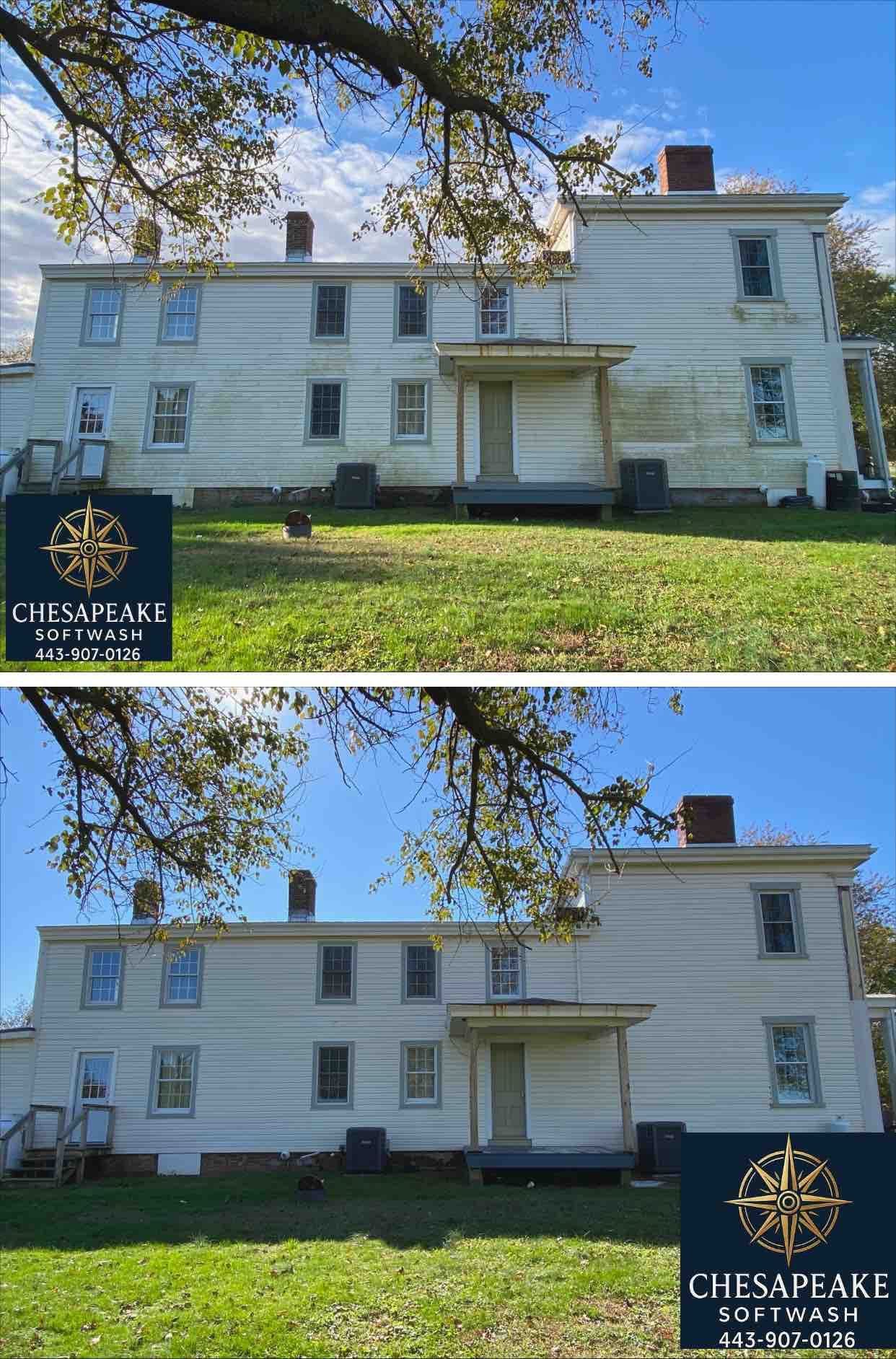 Two exterior views of a white two-story house with lawn and tree, with a Chesapeake sign in front.
