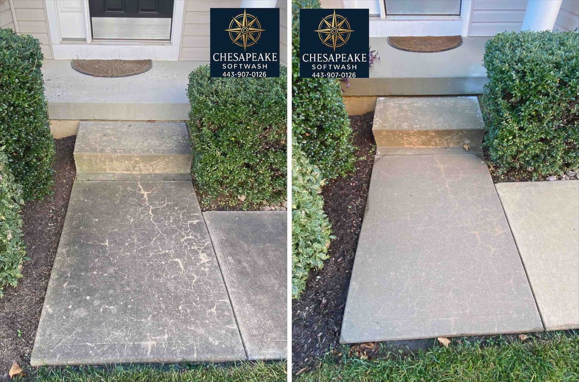 Before-and-after walkway repair with a cracked concrete path replaced by smooth new slabs by a house entrance.