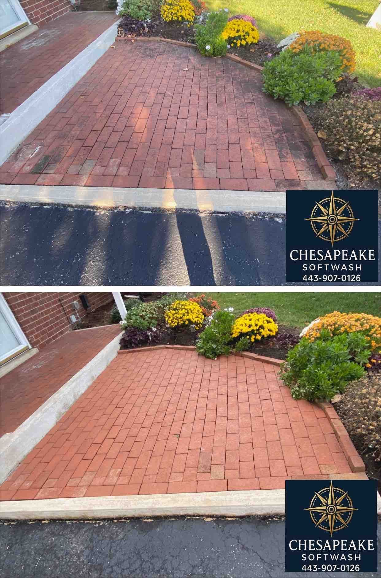 Brick walkway before and after repair, with landscaped shrubs and flowers along the edge.