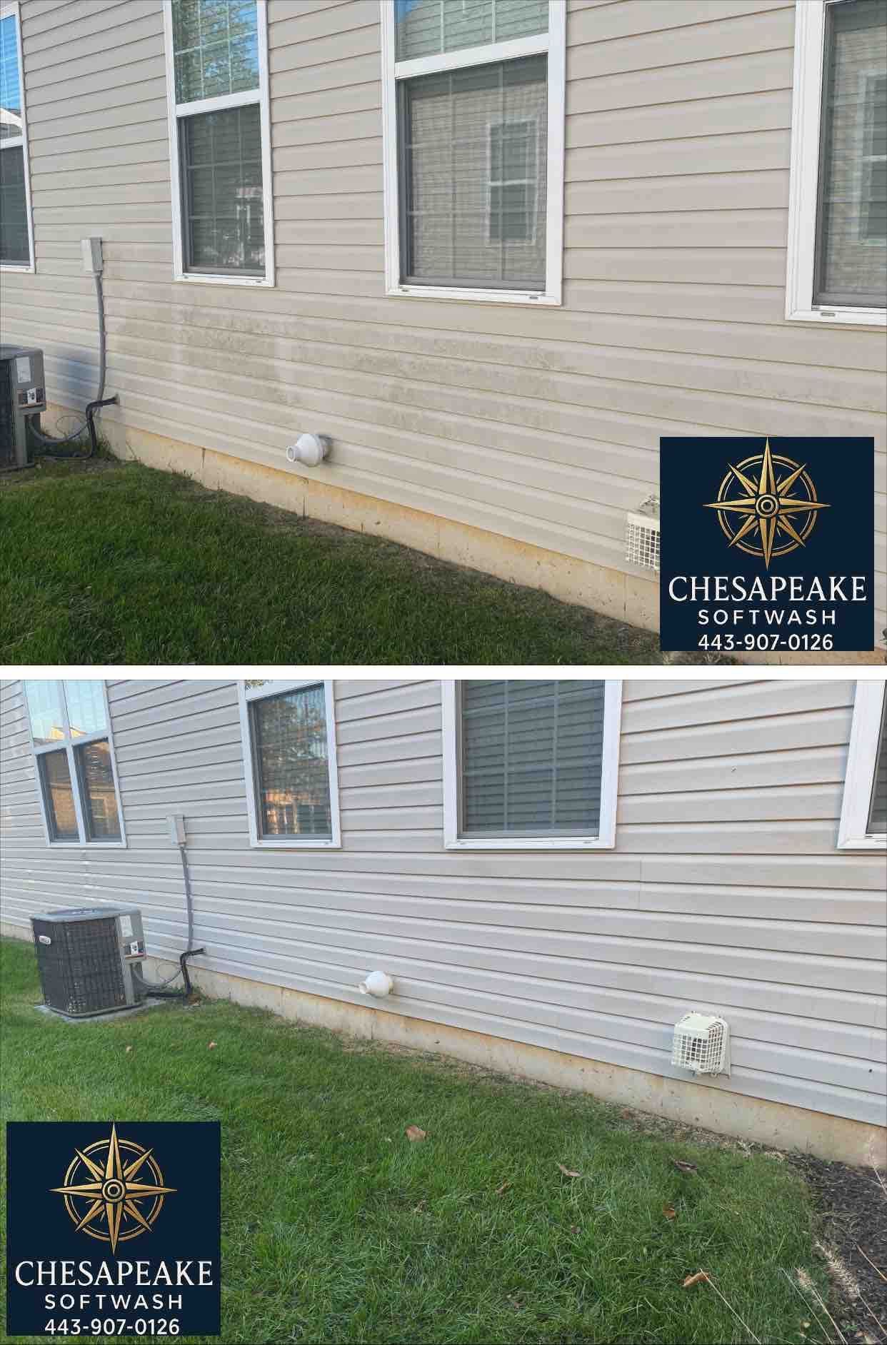Before and after of a house’s beige siding and windows, with grass in the foreground and a Chesapeake logo watermark.