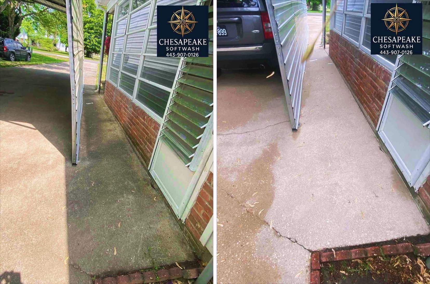 Before-and-after walkway cleaning outside a building, with a muddy path on the left and a clean path on the right