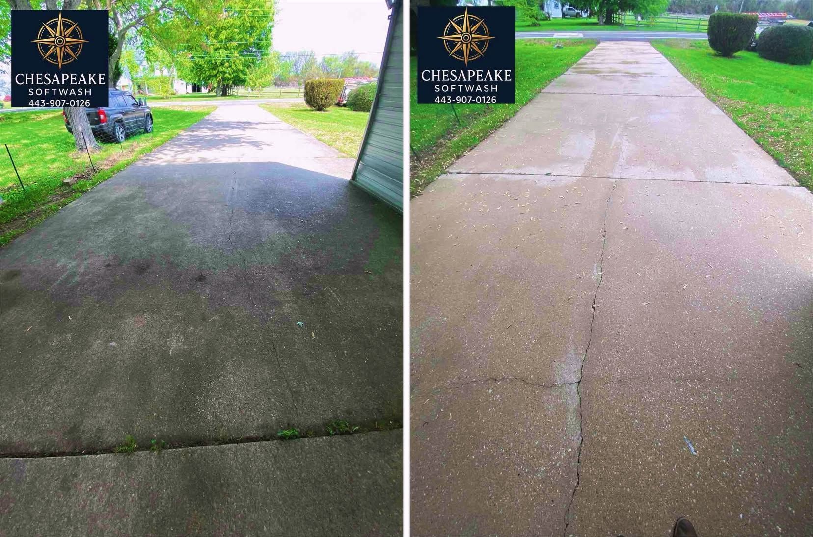 Before-and-after sidewalk repair: cracked concrete on left, smooth light-colored pavement on right.