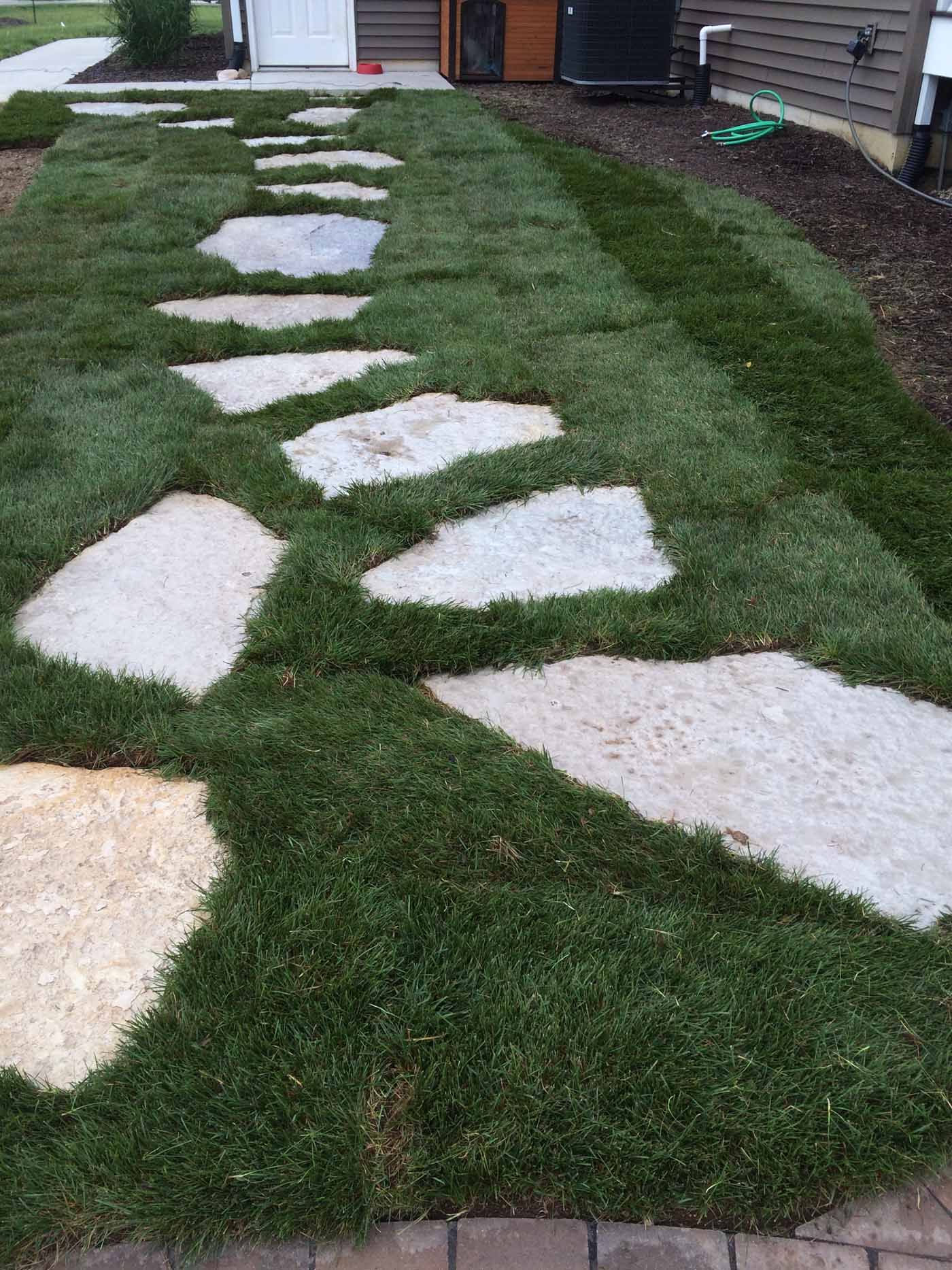 Flagstone stepping stones set into a grassy lawn leading to the side entrance of a house.