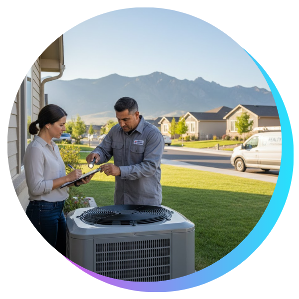 HVAC contractors giving paperwork to a homeowner next to HVAC system