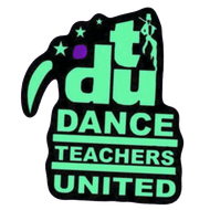 Logo for Dance Teachers United: Black background, neon green text and dancer silhouette.