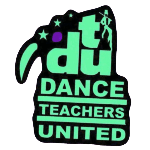 Logo for Dance Teachers United: Black background, neon green text and dancer silhouette.